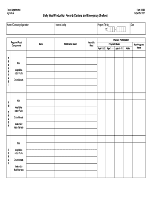 Texas Daily Meal Production Record Form H1530