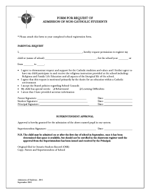 Form for Request of Admission of Non-Catholic Students