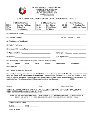 Galveston County Birth/Death Certificate Application