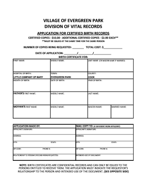 Evergreen Park Birth Certificate Application
