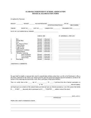 Alabama Independent School Association Physical Exam Form
