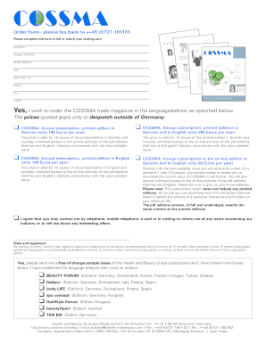 COSSMA Magazine Subscription Order Form