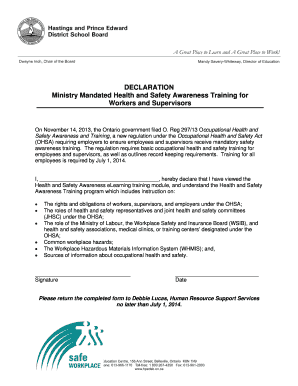 Ontario Health and Safety Awareness Training Declaration