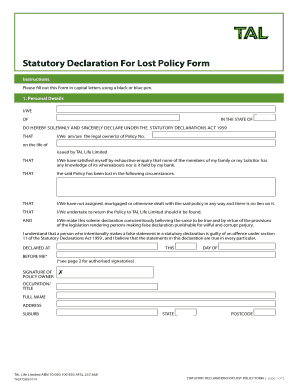 Statutory Declaration For Lost Policy Form - quoticomau