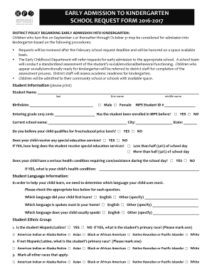Early Admission to Kindergarten Request Form