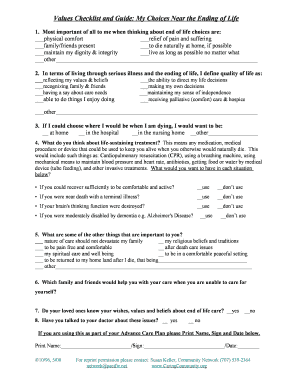 End of Life Values Checklist and Guide