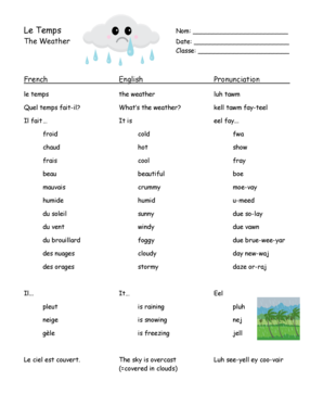 Feuille de vocabulaire météo en français