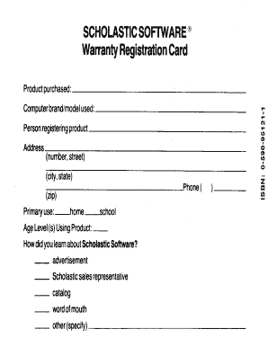 Scholastic Software Warranty Registration Card