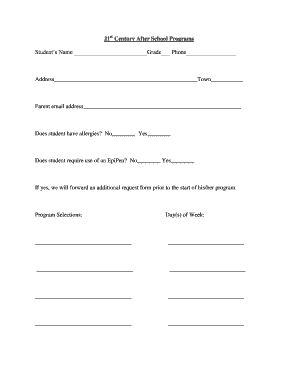 Student Registration Form for After School Programs