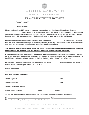 Tenant’s 30 Day Notice to Vacate