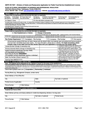 Florida Public Food Service Establishment License Application