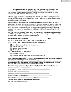 4-H Member Non-Horse Club Risk Acknowledgement Form