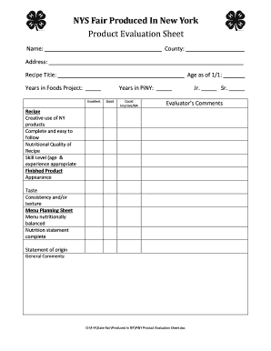 New York State Fair Product Evaluation Sheet