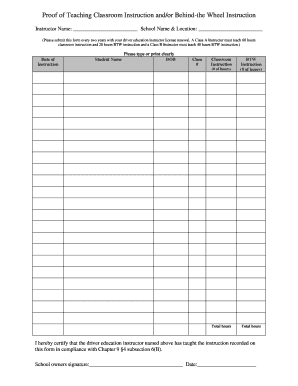 Driver Education Instruction Certification Form