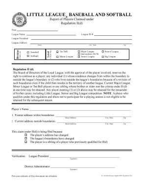 Little League Regulation IId Player Claim Form
