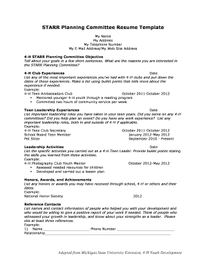 4-H STARR Planning Committee Resume Template