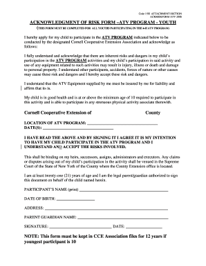 Acknowledgment of Risk Form – ATV Program - Youth