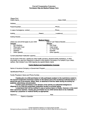 Cornell Cooperative Extension Permission Slip and Medical Release Form