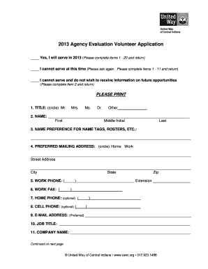 2013 Agency Evaluation Volunteer Application