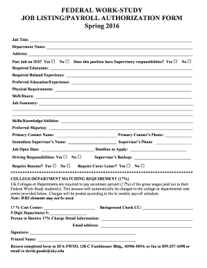 Federal Work-Study Job Listing and Payroll Authorization Form
