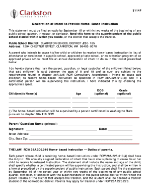 Declaration of Intent to Provide Home-Based Instruction