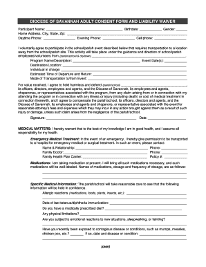Diocese of Savannah Adult Consent Form and Liability Waiver
