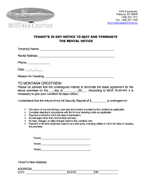 Tenant 30 Day Notice to Quit and Terminate Rental