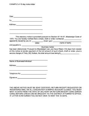 Mississippi 15 Day Notice for Dishonored Check
