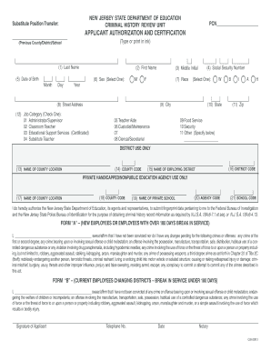 New Jersey Substitute Position Transfer Criminal History Review Form