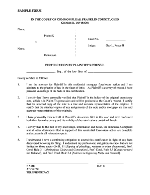Ohio Residential Mortgage Foreclosure Certification