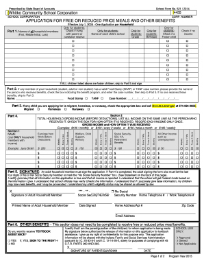Indiana School Form 521 Free or Reduced Price Meals Application