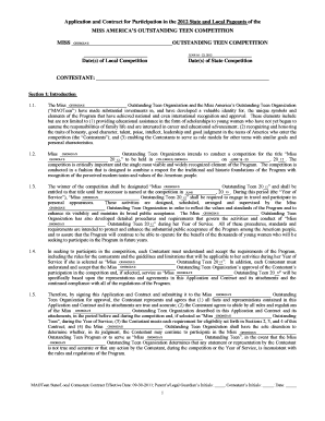 Miss America's Outstanding Teen Pageant Application and Contract