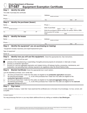 Illinois ST-587 Equipment Exemption Certificate