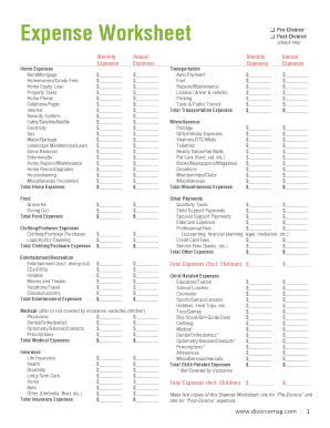 Divorce Expense Worksheet
