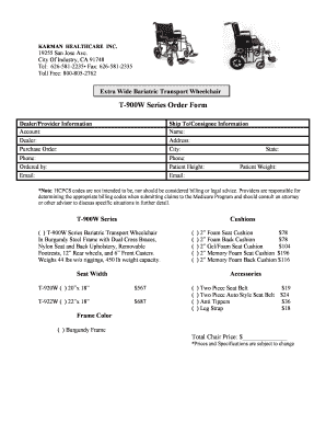 T-900W Series Bariatric Transport Wheelchair Order Form