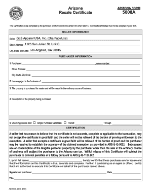 Arizona Resale Certificate 5000A