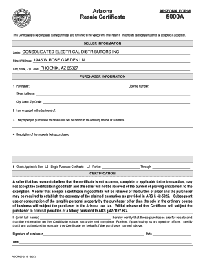 Arizona Resale Certificate 5000A