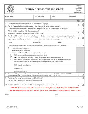 Texas Juvenile Title IV-E Application Pre-Screen