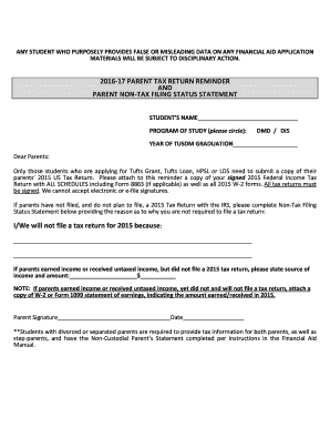 Tufts University Parent Tax Return Reminder and Non-Tax Filing Status Statement