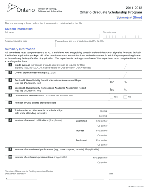 Ontario Graduate Scholarship Summary Sheet