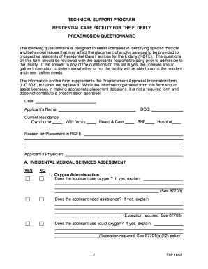 Residential Care Facility Elderly Preadmission Questionnaire