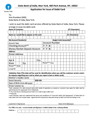 State Bank of India Debit Card Application