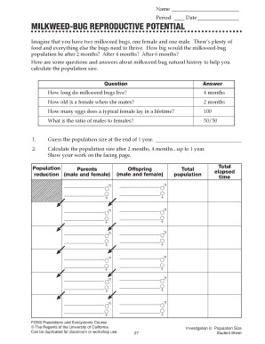 Milkweed Bug Reproductive Potential Worksheet