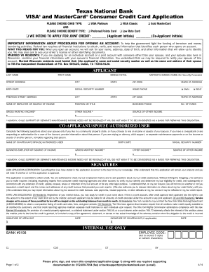 Texas National Bank VISA and MasterCard Application