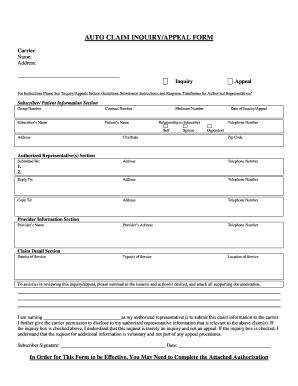 Auto Claim Inquiry Appeal Form