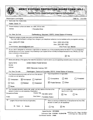 MSPB Form 185 Appeal of Agency Personnel Action