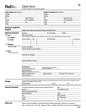 FedEx Claim Form for Lost or Damaged Shipments