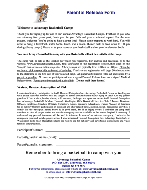 Parental Release Form for Advantage Basketball Camps