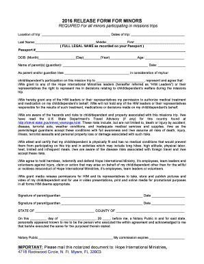 Minor Release Form for Mission Trips