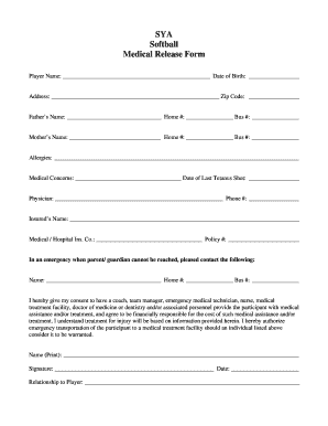 SYA Softball Medical Release Form